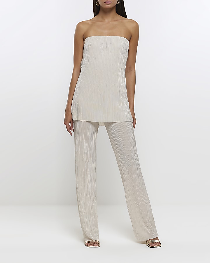 Cream plisse cowl back bandeau top