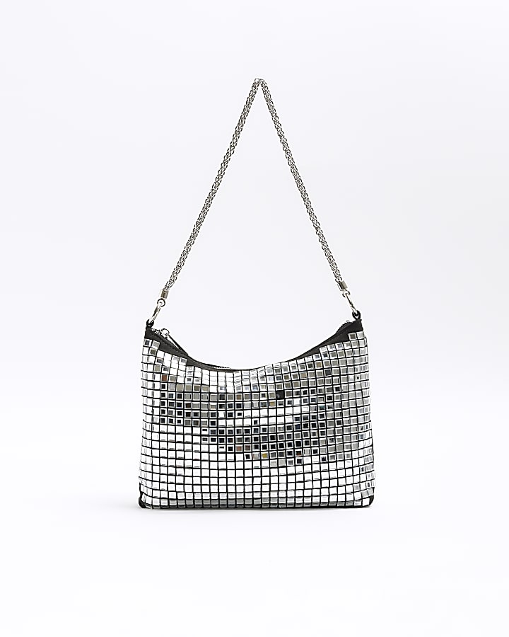 Silver square diamante shoulder bag