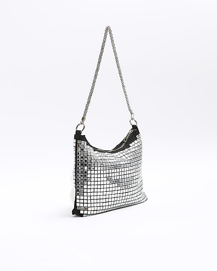 Silver square diamante shoulder bag