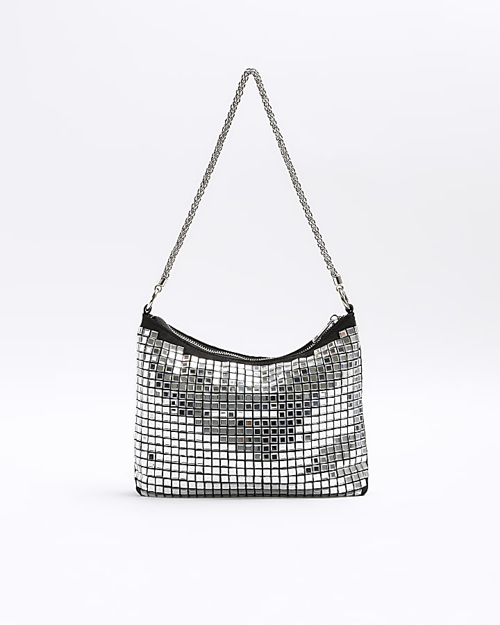 Silver square diamante shoulder bag