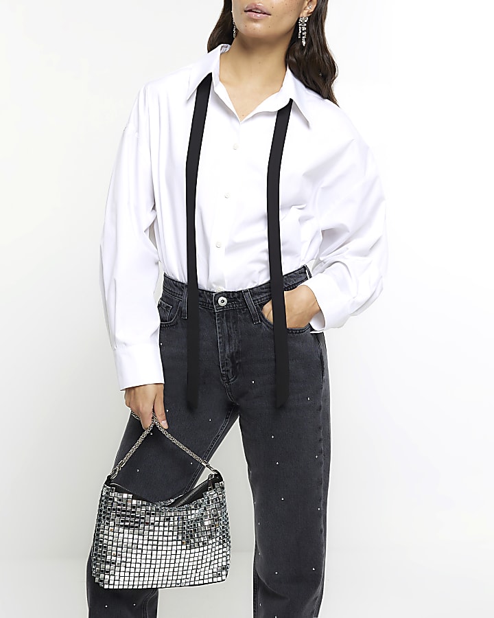 Silver square diamante shoulder bag