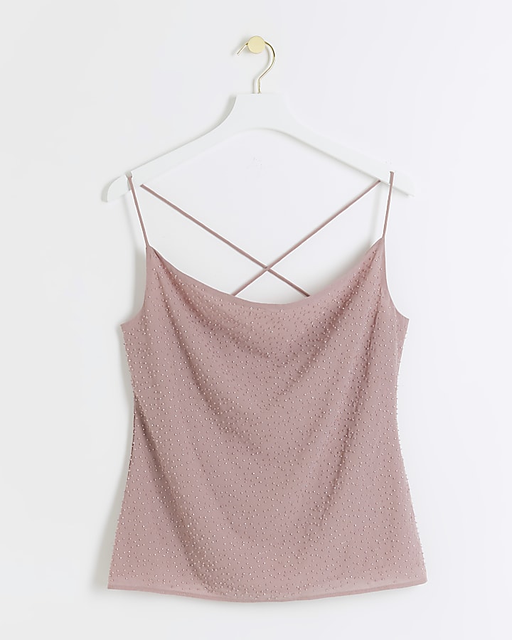 Pink beaded cowl neck cami top