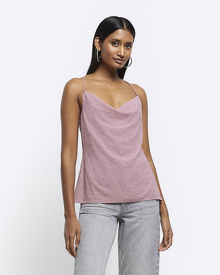 Pink beaded cowl neck cami top