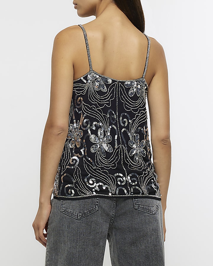 Black sequin floral cami top