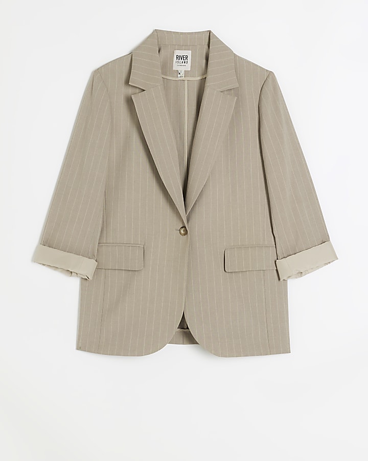 Beige stripe roll sleeve blazer