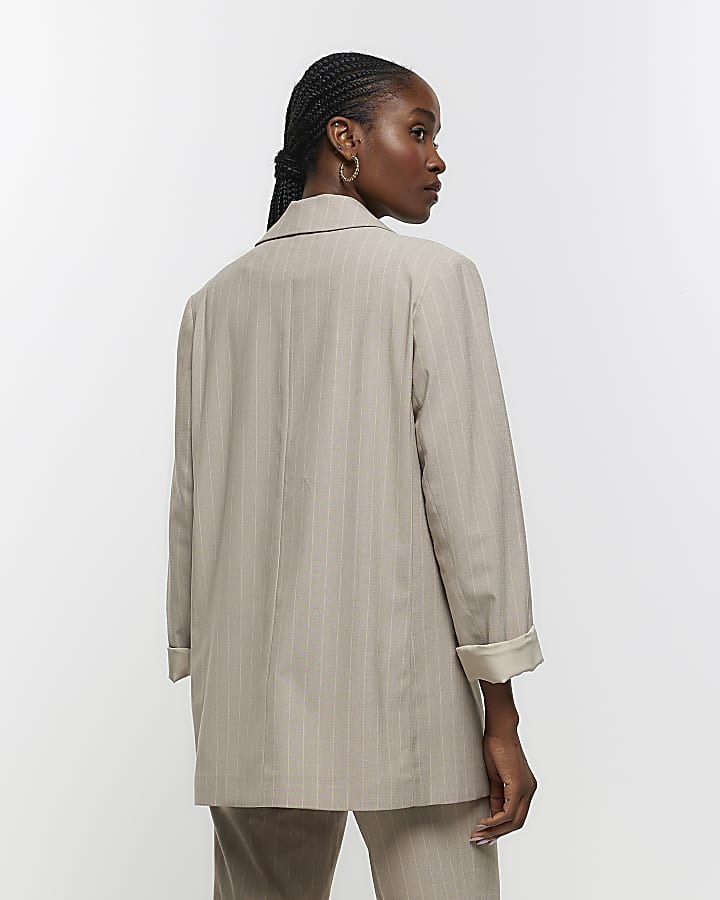 Beige stripe roll sleeve blazer