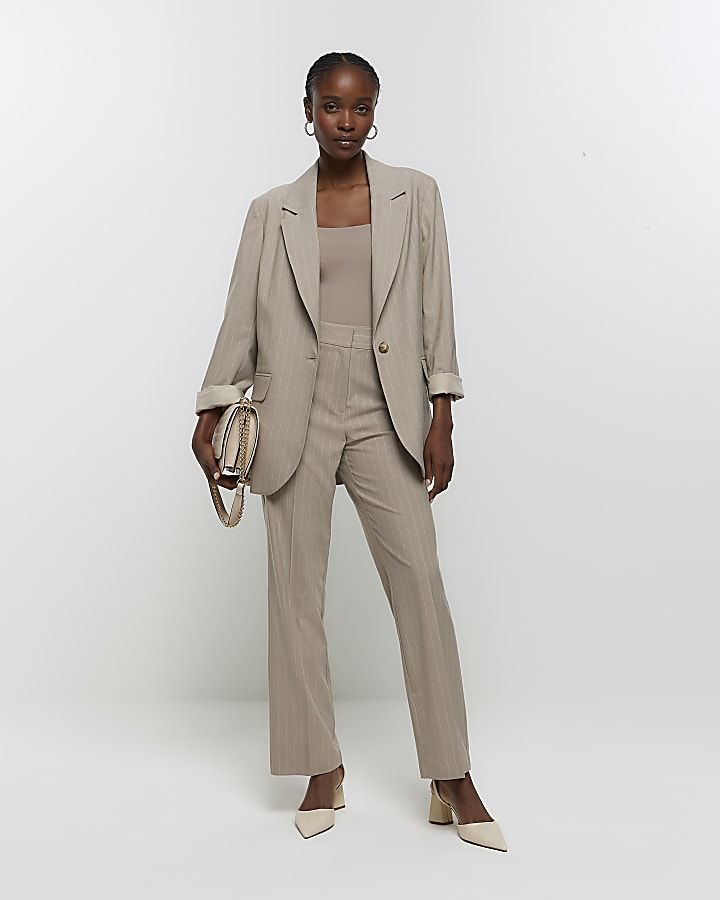 Beige stripe roll sleeve blazer