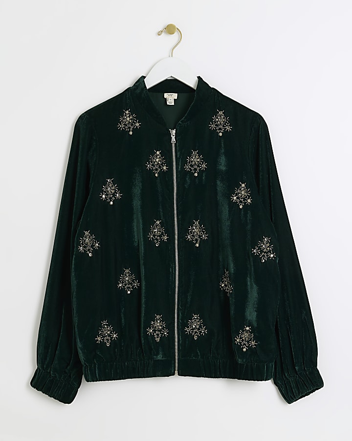 Green embellished velvet bomber jacket