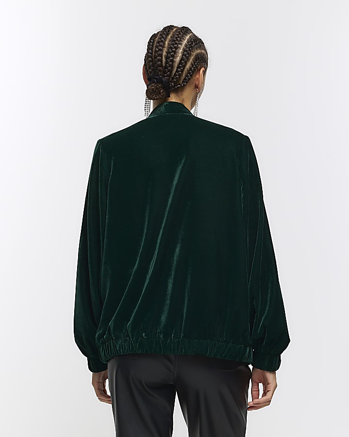 Green embellished velvet bomber jacket