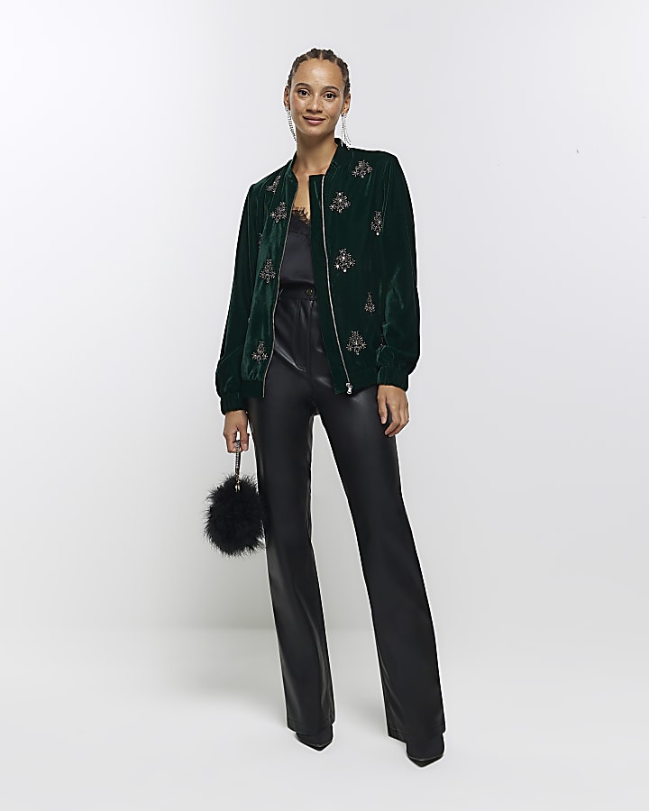 Green embellished velvet bomber jacket