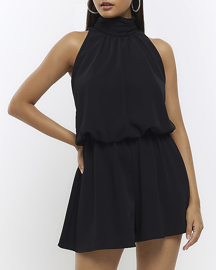 Black high neck playsuit River Island