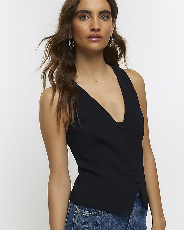 Black Button Front Clean Waistcoat