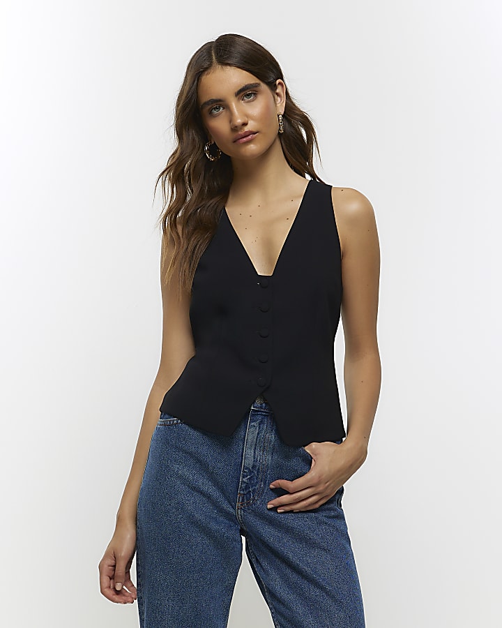 Black Button Front Clean Waistcoat