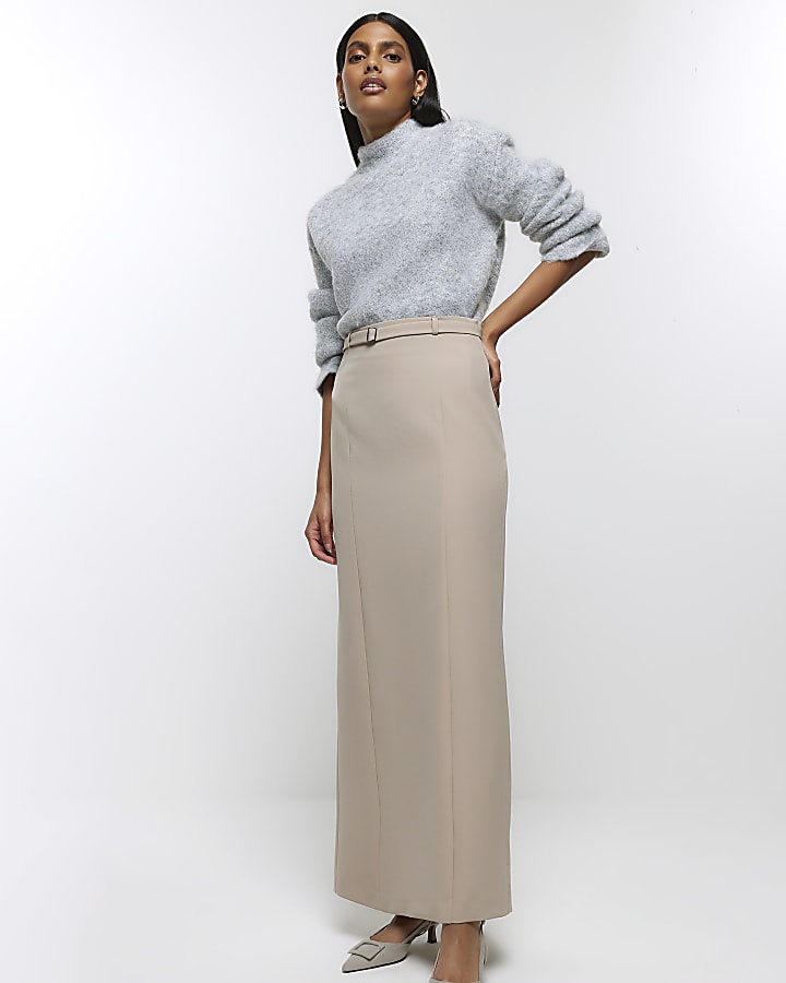 Beige belted maxi skirt