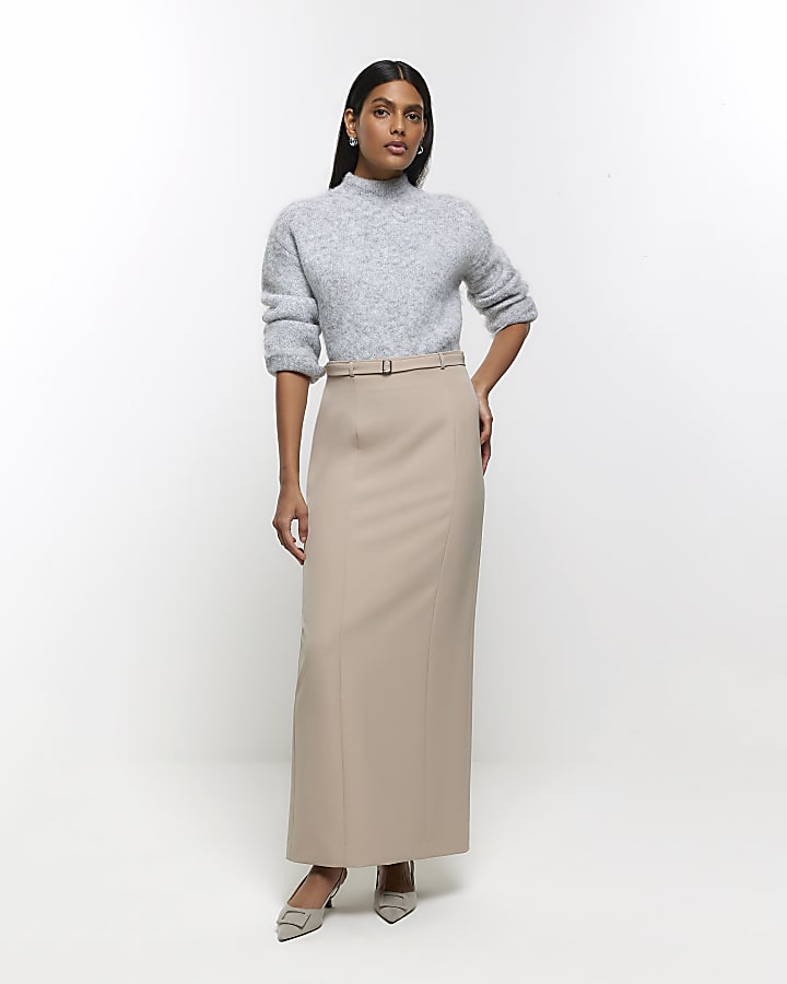 Beige belted maxi skirt