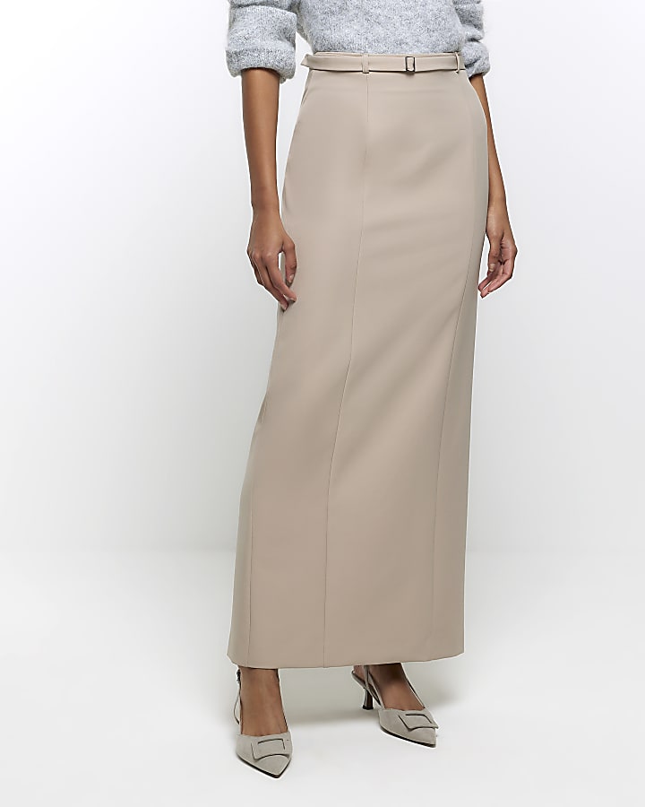 Beige belted maxi skirt