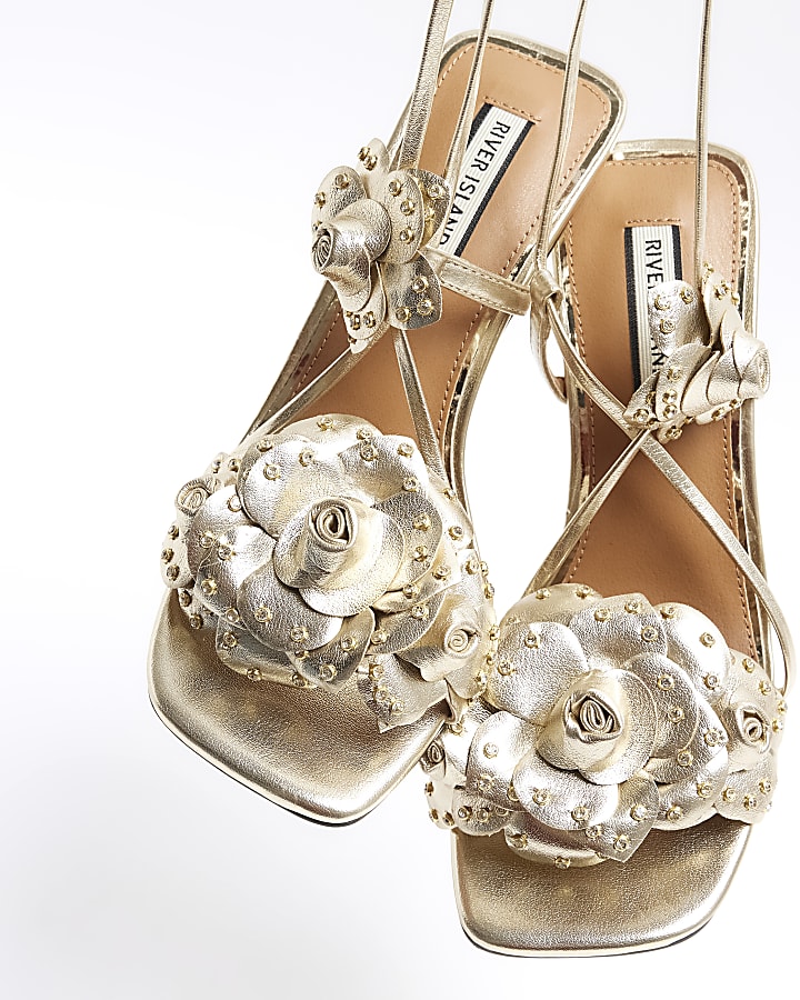 Gold flower detail heeled sandals