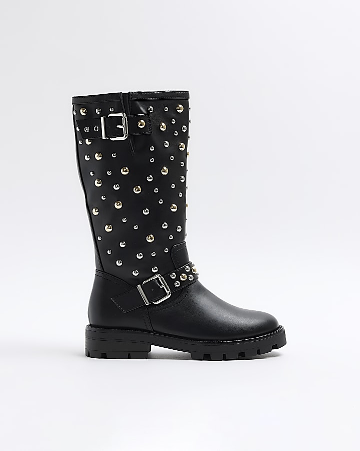 Black studded biker boots best sale