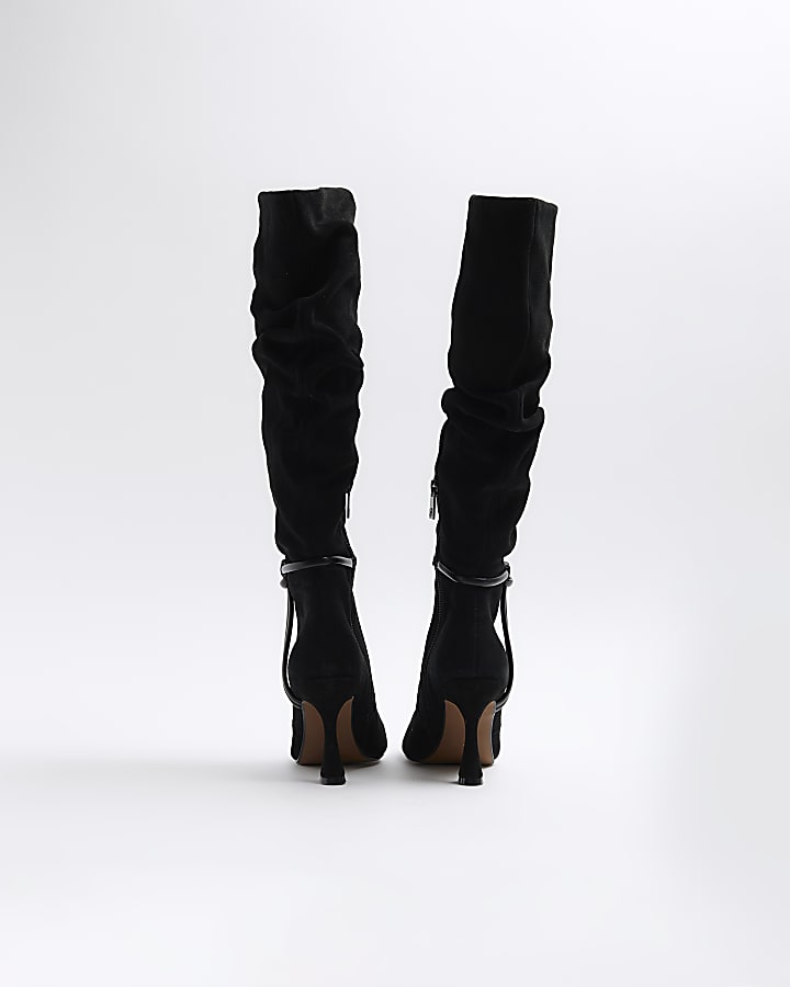 Black suede slouch heeled high leg boots