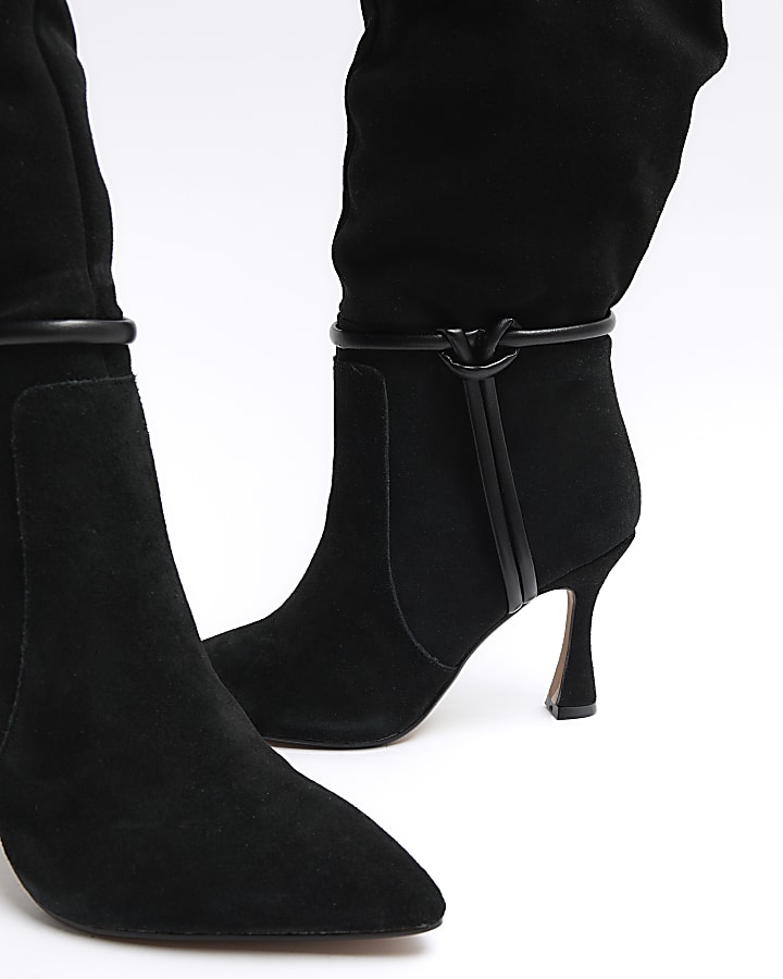 Black suede slouch heeled high leg boots