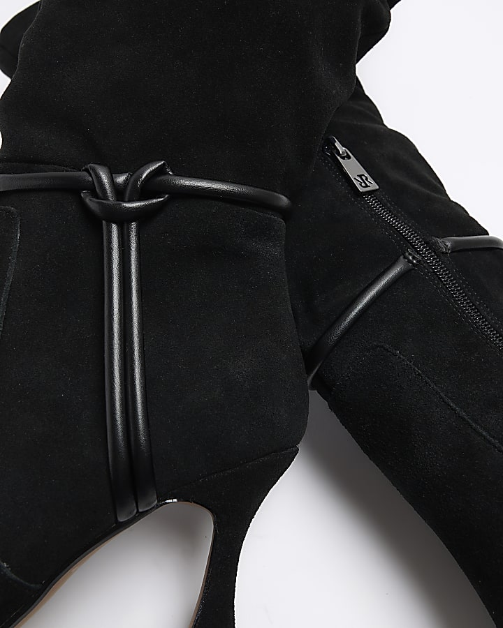 Black suede slouch heeled high leg boots