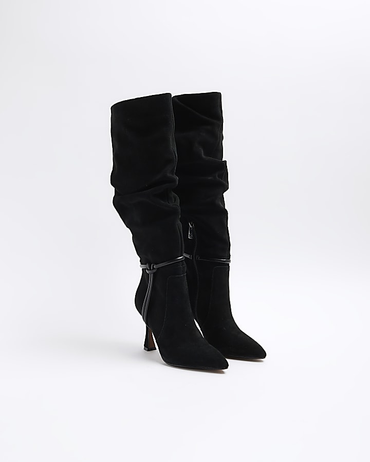Black suede slouch heeled high leg boots