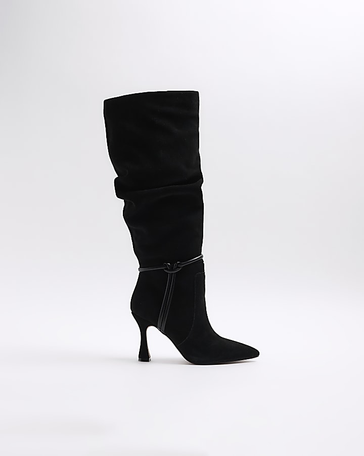 Black suede slouch heeled high leg boots