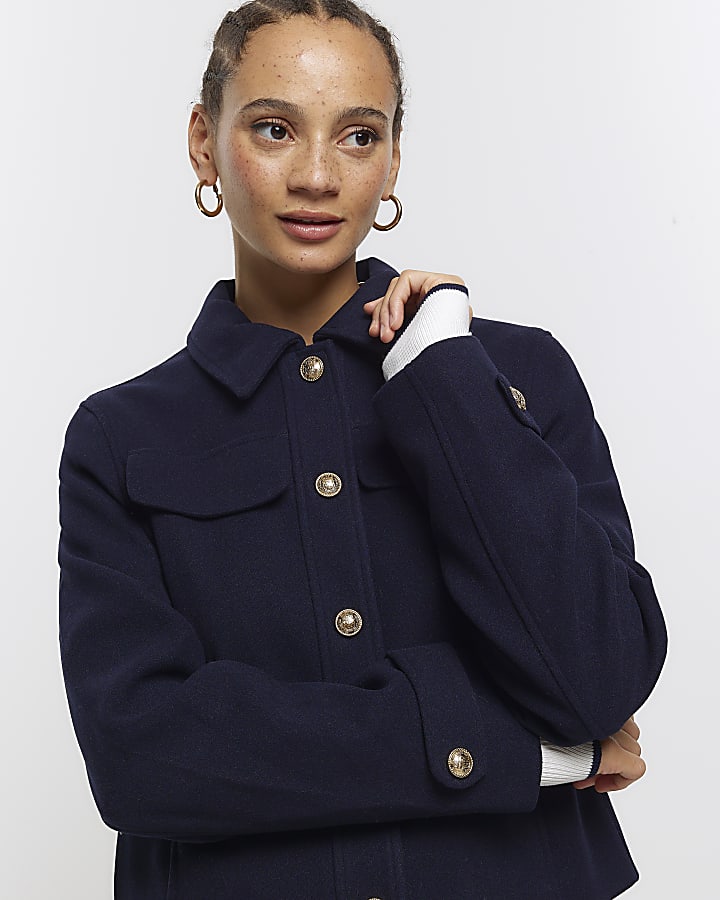 Navy button detail crop jacket