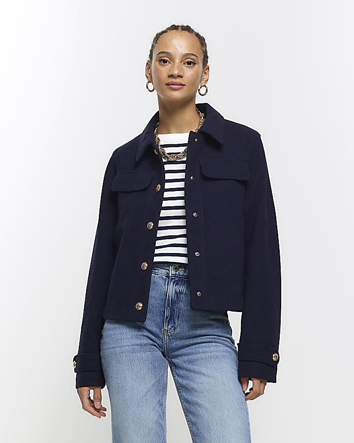 Navy button detail crop jacket