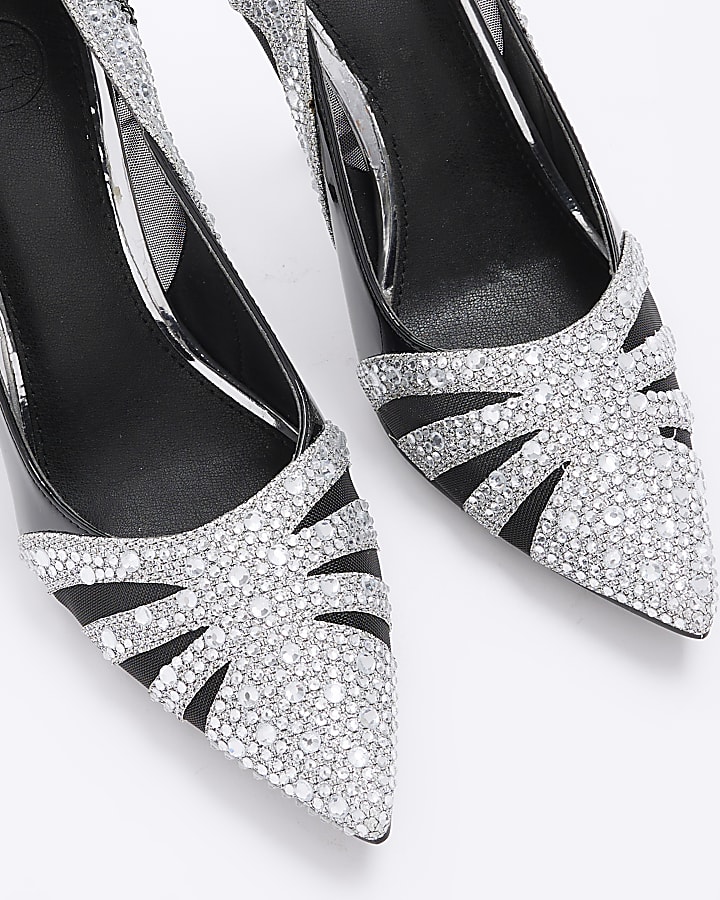 Black diamante heeled court shoes