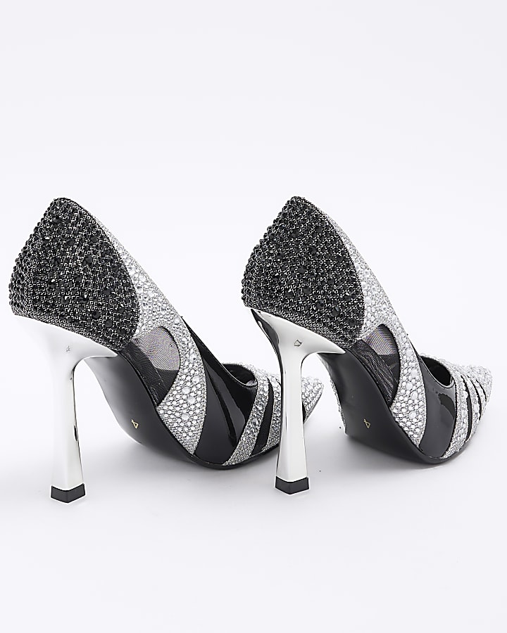 Black diamante heeled court shoes