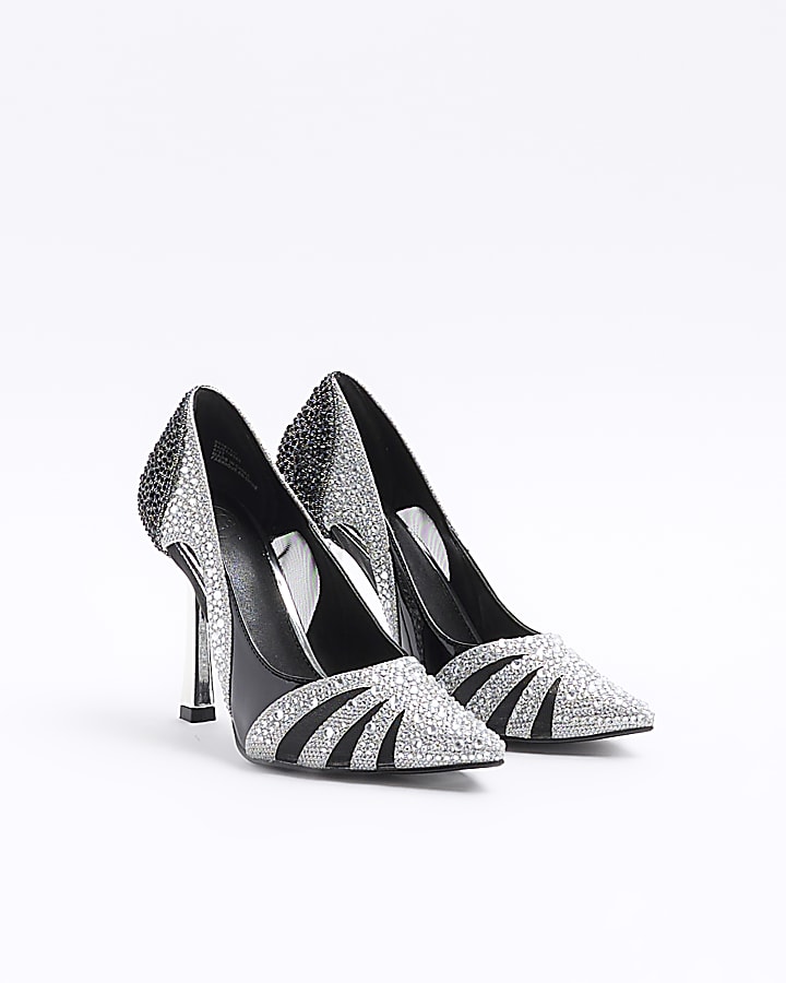 Black diamante heeled court shoes