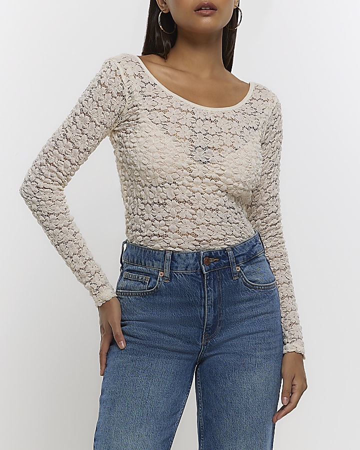 White lace floral long sleeve top