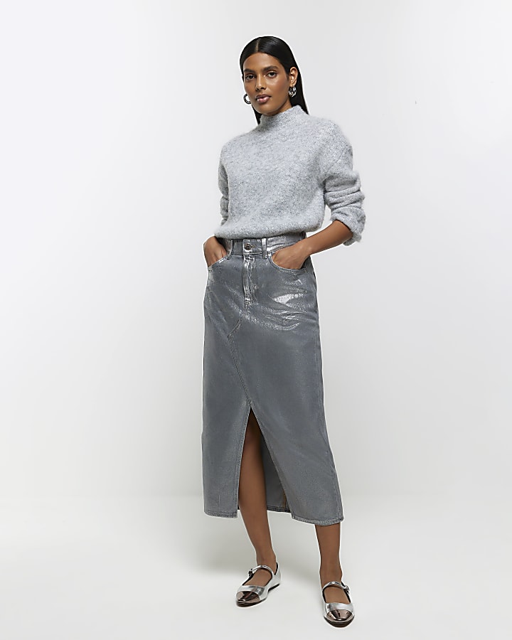 Gray denim midi skirt best sale