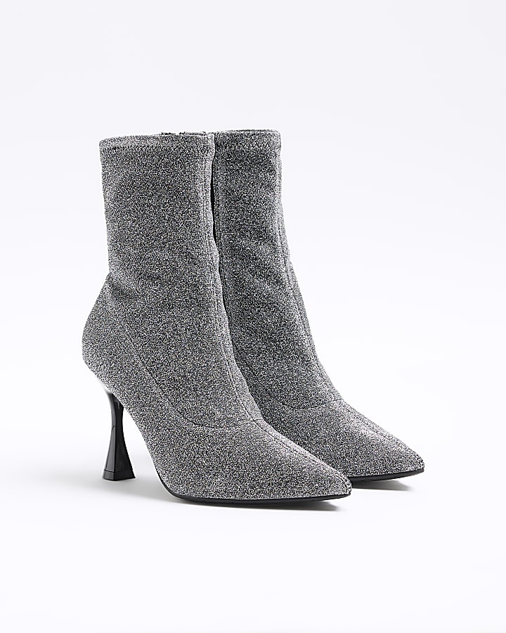 Silver wide fit glitter heeled ankle boots