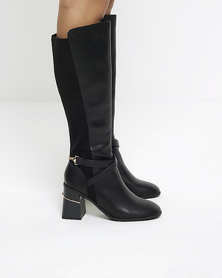 Black wide fit heeled high leg boots