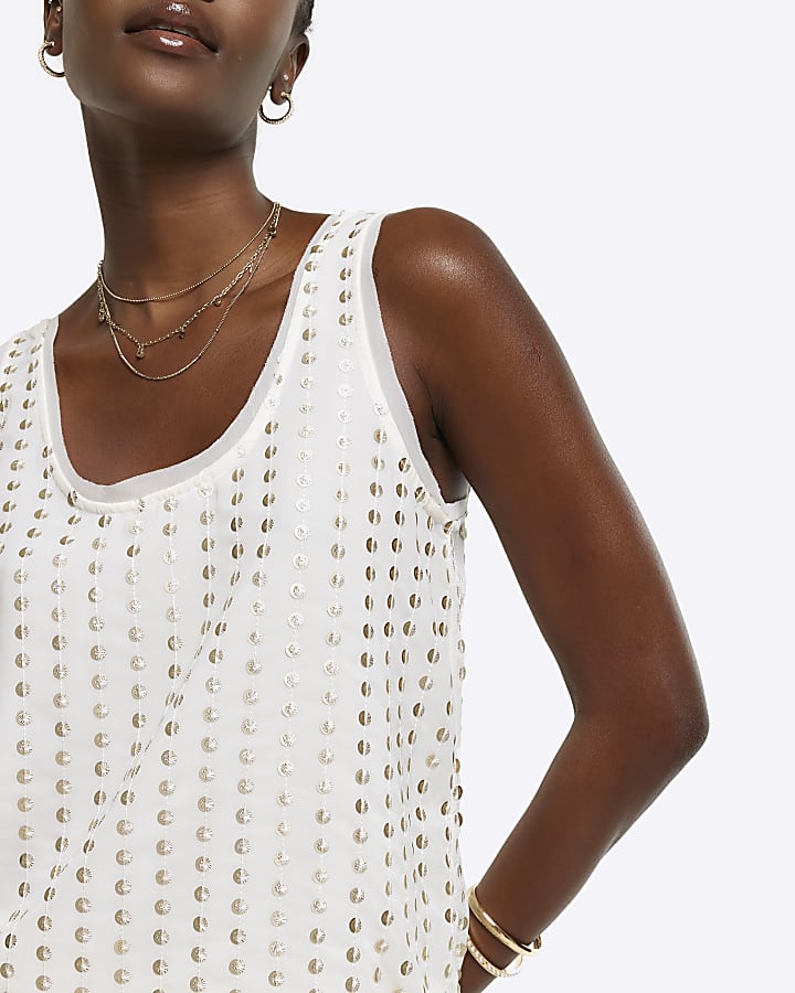 Cream Sequin Scoop Neck Tank Top