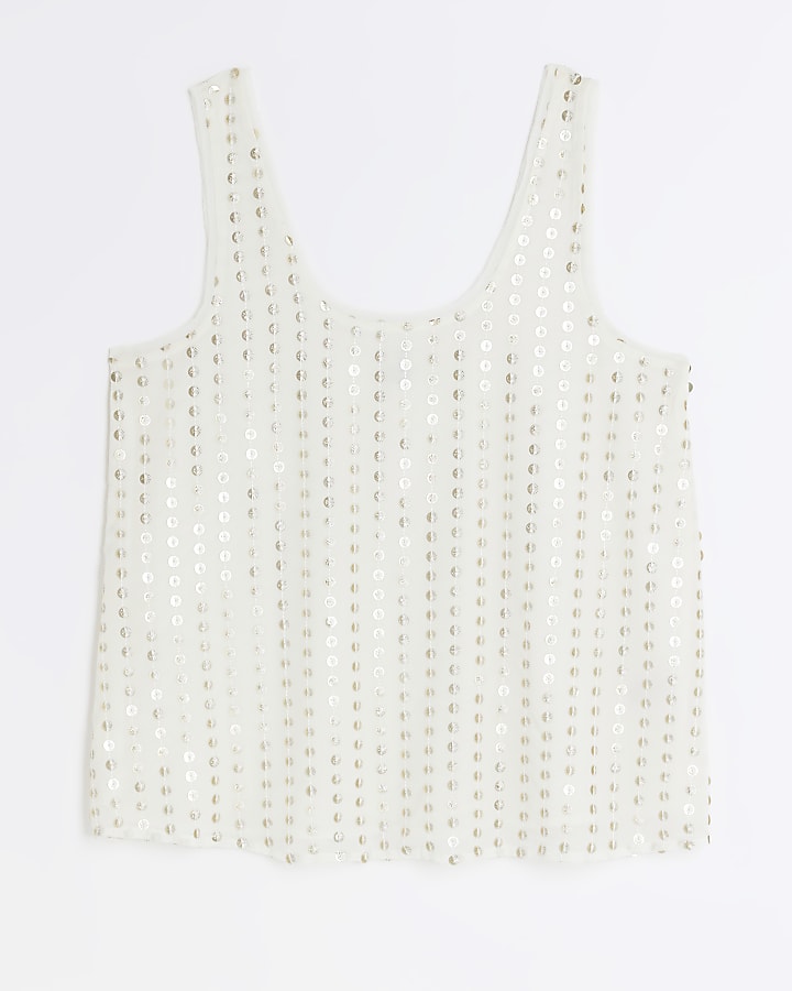 Cream Sequin Scoop Neck Tank Top