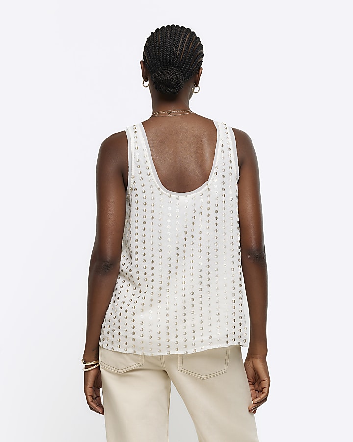 Cream Sequin Scoop Neck Tank Top