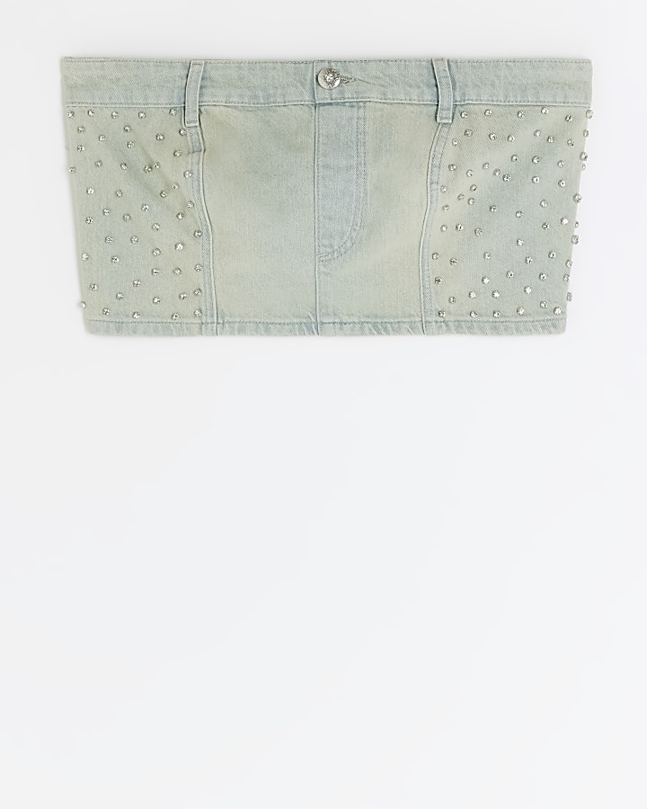 Blue denim diamante bandeau top