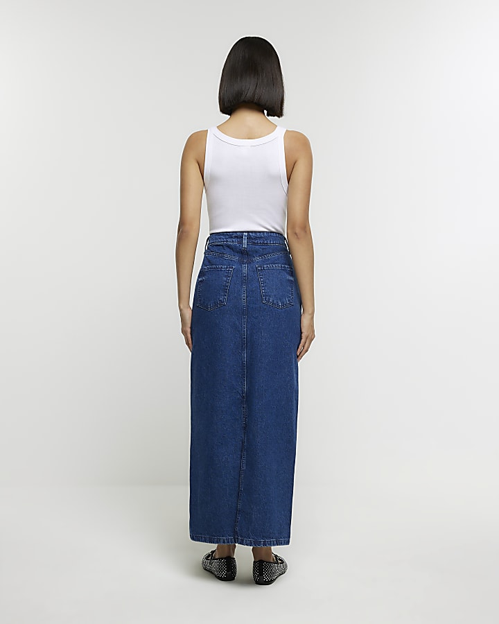 Blue patchwork denim maxi skirt