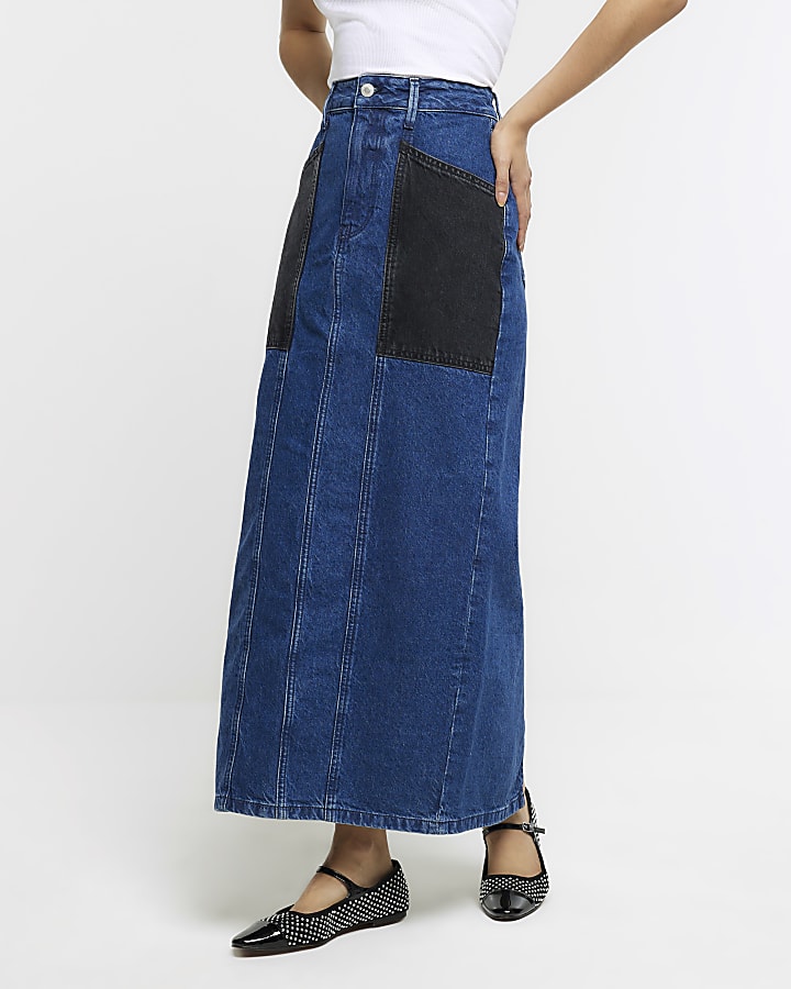 Blue patchwork denim maxi skirt