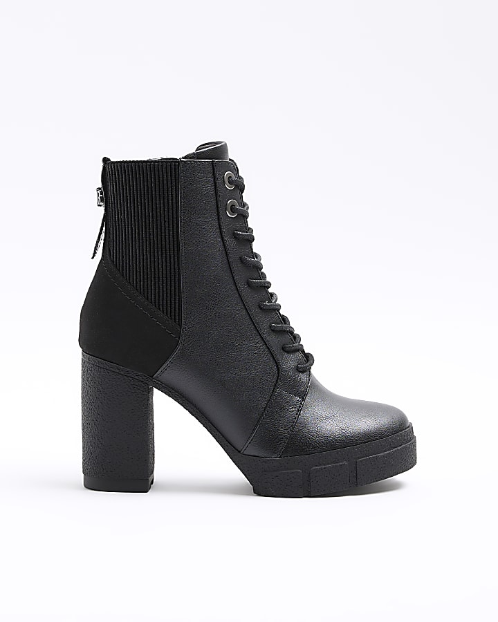 Black Lace Up Heeled Ankle Boots River Island