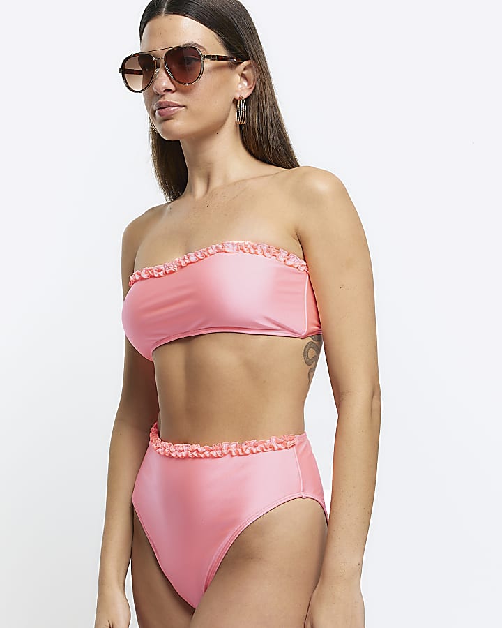 Coral high waisted frill bikini bottoms