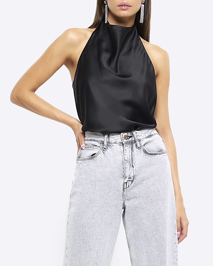 Black satin halter neck top River Island