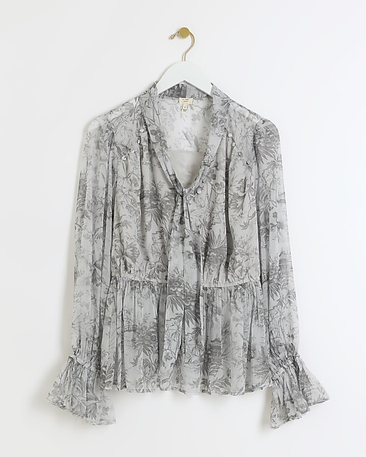 Grey floral tie neck blouse