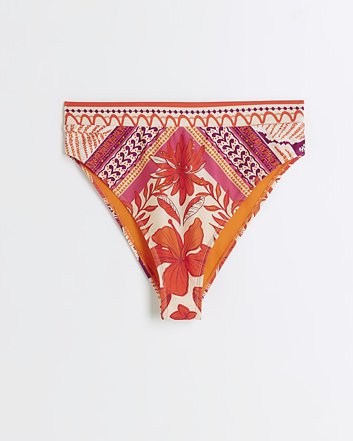 Orange high wasted scarf print bikini bottoms