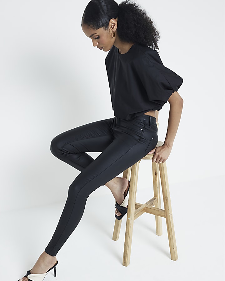 Black mid rise skinny coated jeans