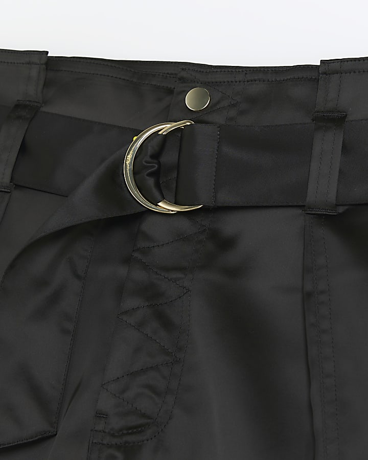 Black Satin Belted Paperbag Trousers