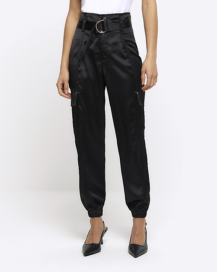 Black Satin Belted Paperbag Trousers